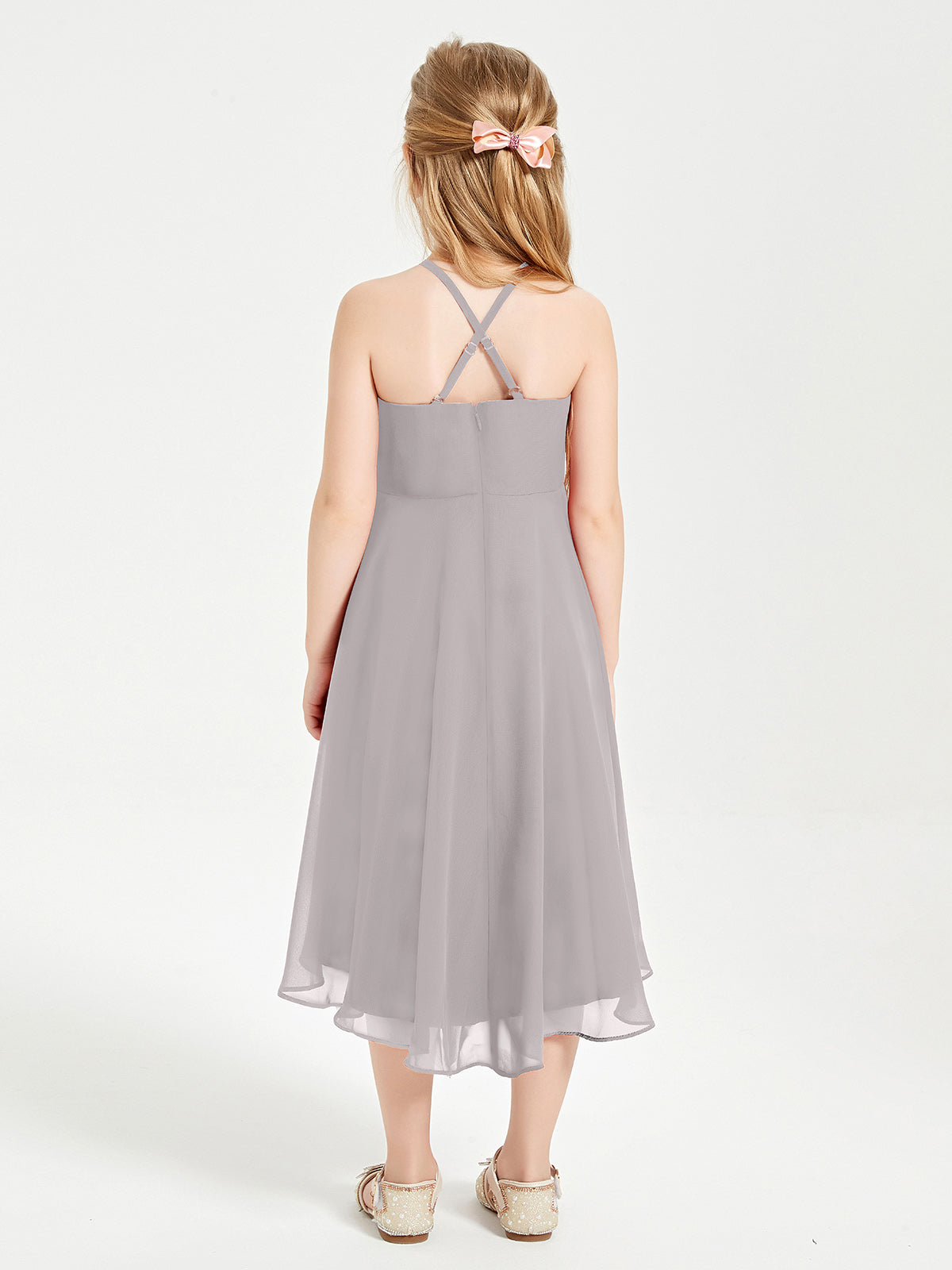 Tea Length Junior Bridesmaid Dresses with Asymmetrical Skirts Silver